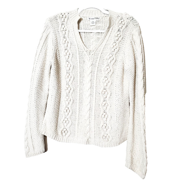 WinterSilks Sweaters - WinterSilks Sweater Womens Medium Petite Ivory Baubles Silk Pullover V-neck
